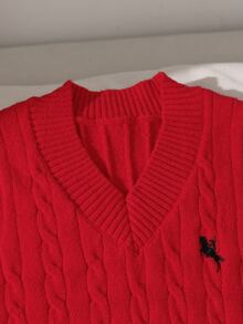 SHEIN 女童（大童）淺杏色V領刺繡針織背心，柔軟舒適，適合日常穿著、外出、旅行、度假、居家、托兒所與遊戲 - 紅色 - 查看 4