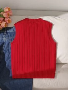 SHEIN 女童（大童）淺杏色V領刺繡針織背心，柔軟舒適，適合日常穿著、外出、旅行、度假、居家、托兒所與遊戲 - 紅色 - 查看 2