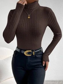 SHEIN Frenchy 长袖高领纹理面料T恤 - 棕色 - 查看 5