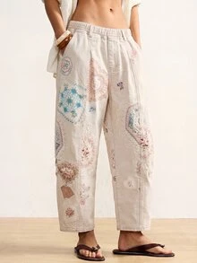 Bohemela 女款彈性腰休閒波希米亞風 1960年代哥德風 百搭日常牛仔褲 夏季度假外出 米色 - 彩色 - 查看 3