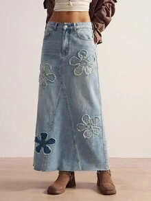 Bohemela 女款休閒日常牛仔裙，附口袋、鈕扣與花卉圖案，秋季款 - 淺色水洗藍 - 查看 4