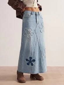 Bohemela 女款休閒日常牛仔裙，附口袋、鈕扣與花卉圖案，秋季款 - 淺色水洗藍 - 查看 7