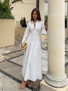 Siren Gaze 女款秋季黑白條紋翻領長袖鈕扣拼接長洋裝，優雅法式職場風，適合早午餐與茶會的端莊穿搭 - 白色 - 查看 4