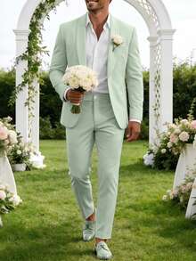 Manfinity Mode Men's Casual Business Two Pieces Suit Features A Solid-Color Blazer And Trousers, Formal, Old Money - Green - View 8