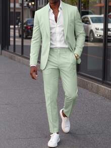 Manfinity Mode Men's Casual Business Two Pieces Suit Features A Solid-Color Blazer And Trousers, Formal, Old Money - Green - View 7