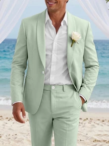 Manfinity Mode Men's Casual Business Two Pieces Suit Features A Solid-Color Blazer And Trousers, Formal, Old Money - Green - View 5