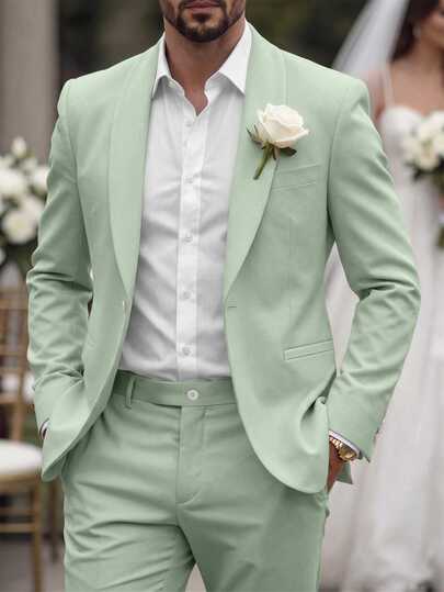 Manfinity Mode This Men's Casual Business Two Pieces Suit Features A Solid-Color Blazer And Trousers.