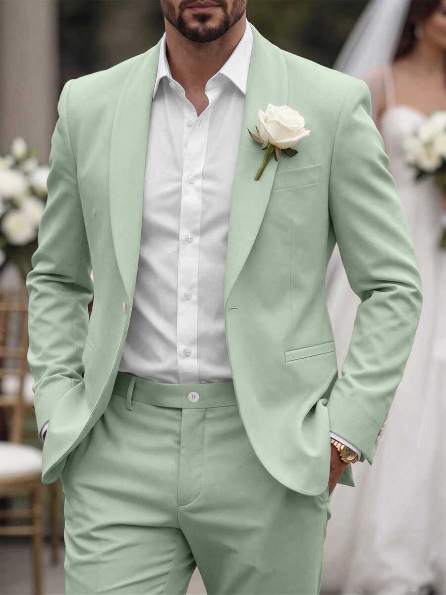Manfinity Mode Men's Casual Business Two Pieces Suit Features A Solid-Color Blazer And Trousers, Formal, Old Money - Green - View 1