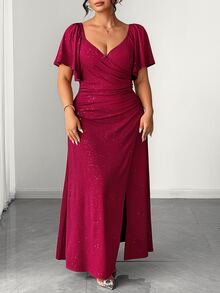 SHEIN LUNE CURVE Plus Size Women's Knit Powder Fabric Elegant Dinner Dark Purple V-Neck Ruffle Sleeve Cinched Waist Ruched Slit Dress Sparkly Wedding Summer - Burgundy - View 6