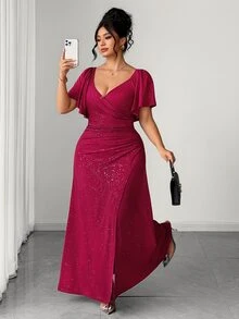 SHEIN LUNE CURVE Plus Size Women's Knit Powder Fabric Elegant Dinner Dark Purple V-Neck Ruffle Sleeve Cinched Waist Ruched Slit Dress Sparkly Wedding Summer - Burgundy - View 8