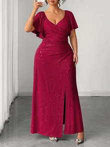 SHEIN LUNE CURVE Plus Size Women's Knit Powder Fabric Elegant Dinner Dark Purple V-Neck Ruffle Sleeve Cinched Waist Ruched Slit Dress Sparkly Wedding Summer - Burgundy - View 5