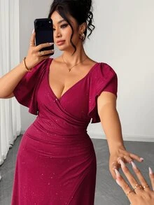 SHEIN LUNE CURVE Plus Size Women's Knit Powder Fabric Elegant Dinner Dark Purple V-Neck Ruffle Sleeve Cinched Waist Ruched Slit Dress Sparkly Wedding Summer - Burgundy - View 7