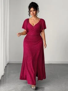 SHEIN LUNE CURVE Plus Size Women's Knit Powder Fabric Elegant Dinner Dark Purple V-Neck Ruffle Sleeve Cinched Waist Ruched Slit Dress Sparkly Wedding Summer - Burgundy - View 3