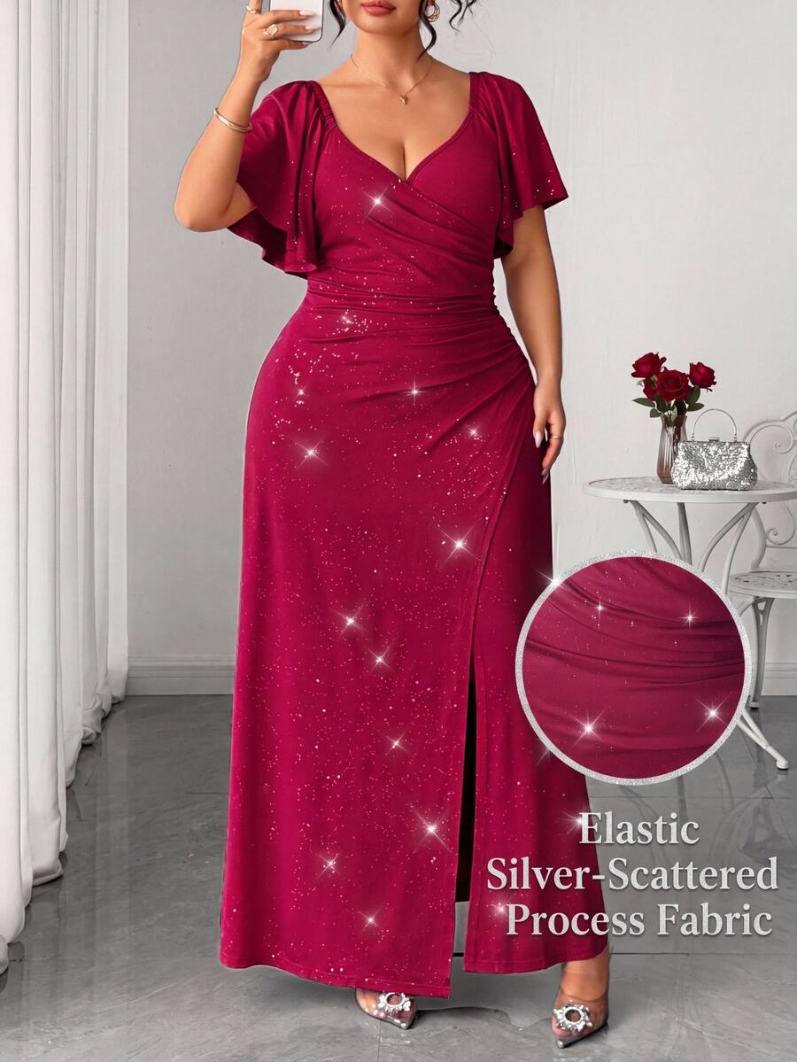 SHEIN LUNE CURVE Plus Size Women's Knit Powder Fabric Elegant Dinner Dark Purple V-Neck Ruffle Sleeve Cinched Waist Ruched Slit Dress Sparkly Wedding Summer - Burgundy - View 1