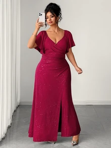 SHEIN LUNE CURVE Plus Size Women's Knit Powder Fabric Elegant Dinner Dark Purple V-Neck Ruffle Sleeve Cinched Waist Ruched Slit Dress Sparkly Wedding Summer - Burgundy - View 4