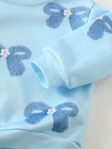 Cozy Pixies 女嬰針織背心與運動衫套裝，女嬰印花藍色蝴蝶結圓領長袖上衣搭配條紋修身內搭褲，柔軟舒適可愛風格，適合初秋與冬季 - 藍色 - 查看 8