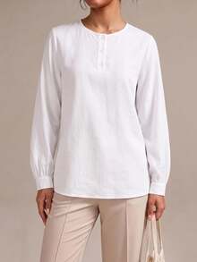 SHEIN BASICS Women's Solid Color Button Half-Placket Long Sleeve Casual Modest Minimalist Elegant Shirt Teachers' Day Office White Autumn - White - View 5