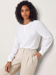 SHEIN BASICS Women's Solid Color Button Half-Placket Long Sleeve Casual Modest Minimalist Elegant Shirt Teachers' Day Office White Autumn - White - View 3