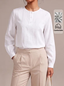 SHEIN BASICS Women's Solid Color Button Half-Placket Long Sleeve Casual Modest Minimalist Elegant Shirt Teachers' Day Office White Autumn - White - View 1