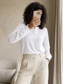 SHEIN BASICS Women's Solid Color Button Half-Placket Long Sleeve Casual Modest Minimalist Elegant Shirt Teachers' Day Office White Autumn - White - View 9