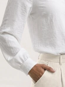 SHEIN BASICS Women's Solid Color Button Half-Placket Long Sleeve Casual Modest Minimalist Elegant Shirt Teachers' Day Office White Autumn - White - View 6