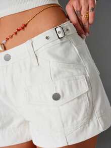 Slaydiva Plus Size High Waist Loose Solid Color Denim Shorts - White - View 7
