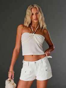 Slaydiva Plus Size High Waist Loose Solid Color Denim Shorts - White - View 5