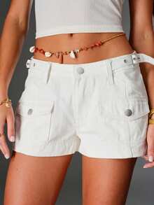 Slaydiva Plus Size High Waist Loose Solid Color Denim Shorts - White - View 4