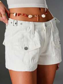 Slaydiva Plus Size High Waist Loose Solid Color Denim Shorts - White - View 6