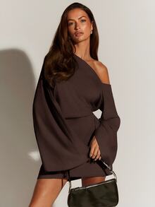 Athîral Minimalist Comfortable Asymmetric Neckline Mini Dress, Suitable For Everyday Wear,Fall - Brown - View 3