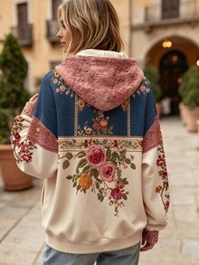 Selamara Women's Floral Print Drawstring Hooded Casual Daily Long Sleeve Sweatshirt - Multicolor - View 2