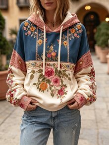 Selamara Women's Floral Print Drawstring Hooded Casual Daily Long Sleeve Sweatshirt - Multicolor - View 4