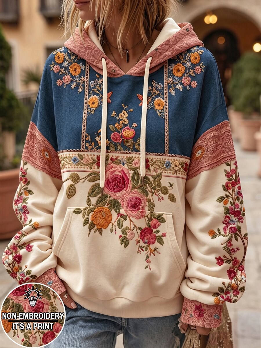 Selamara Women's Floral Print Drawstring Hooded Casual Daily Long Sleeve Sweatshirt - Multicolor - View 1