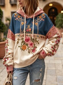 Selamara Women's Floral Print Drawstring Hooded Casual Daily Long Sleeve Sweatshirt - Multicolor - View 5