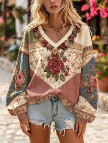 Selamara Women's Floral Pattern Casual Everyday Long Sleeve Sweatshirt - Multicolor - View 5