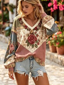Selamara Women's Floral Pattern Casual Everyday Long Sleeve Sweatshirt - Multicolor - View 3