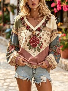 Selamara Women's Floral Pattern Casual Everyday Long Sleeve Sweatshirt - Multicolor - View 4