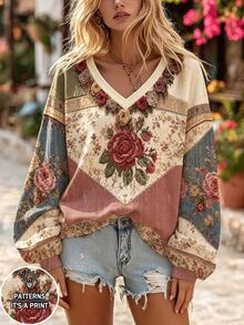 Selamara Women's Floral Pattern Casual Everyday Long Sleeve Sweatshirt - Multicolor - View 1