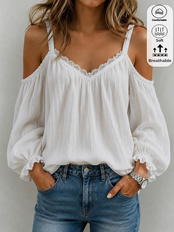 Breezaya Áo blouse nữ cổ chữ V phối ren hở vai tay dài voan chiffon, tay lồng đèn dáng rộng tôn dáng, phong cách boho nhẹ nhàng cho mùa thu, màu trắng, đi du lịch