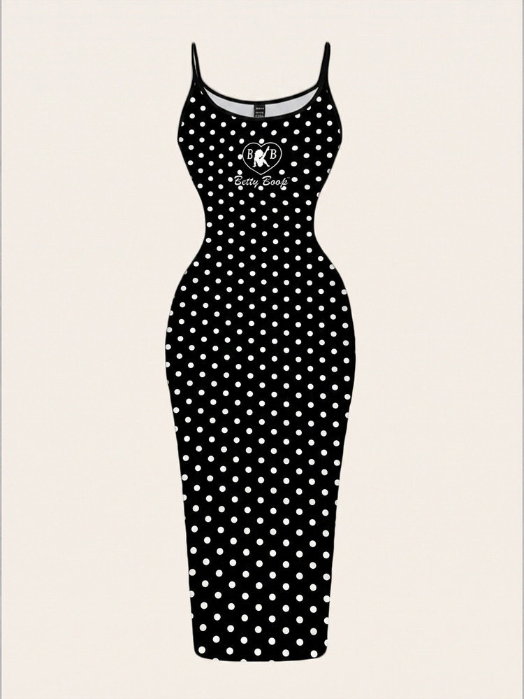 Betty Boop x SHEIN SHEIN EZwear Gaun Maxi Kasual Minimalis Motif Polkadot Vintage Kolaborasi Betty, Pas Badan, Bertali Spaghetti, Cocok untuk Musim Panas, Jalan-jalan, Liburan Pantai, Kembali ke Sekolah, Liburan - MultiWarna - View 6