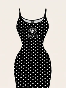 Betty Boop x SHEIN SHEIN EZwear 休閒極簡全印花復古波點 Betty 聯名印花修身細肩帶長洋裝，適合夏季、外出、海灘度假、返校、假期 - 彩色 - 查看 5