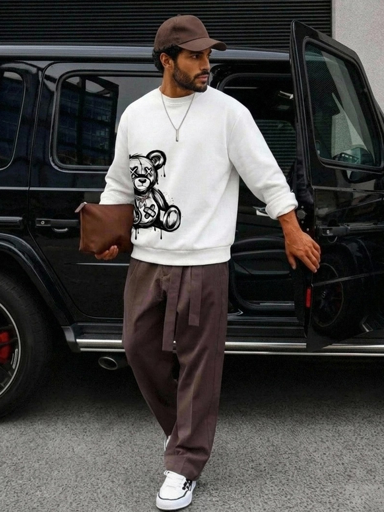HIMLAND Men's Cartoon Bear Print Long Sleeve Casual Pullover Sweatshirt - White - View 7