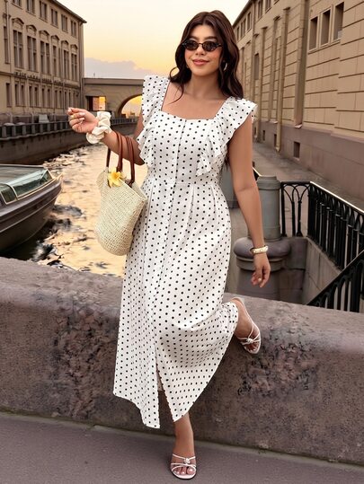 Vionelle Plus Size Women's Summer Autumn Black And White Single-Breasted Ruched Hem Dress, Vintage 1960s Elegant Romantic Fashion Popular Style Pleated Skirt