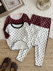 SHEIN LMoss Kids 女嬰針織圓領波點休閒T恤與長褲4件套 - 彩色 - 查看 4