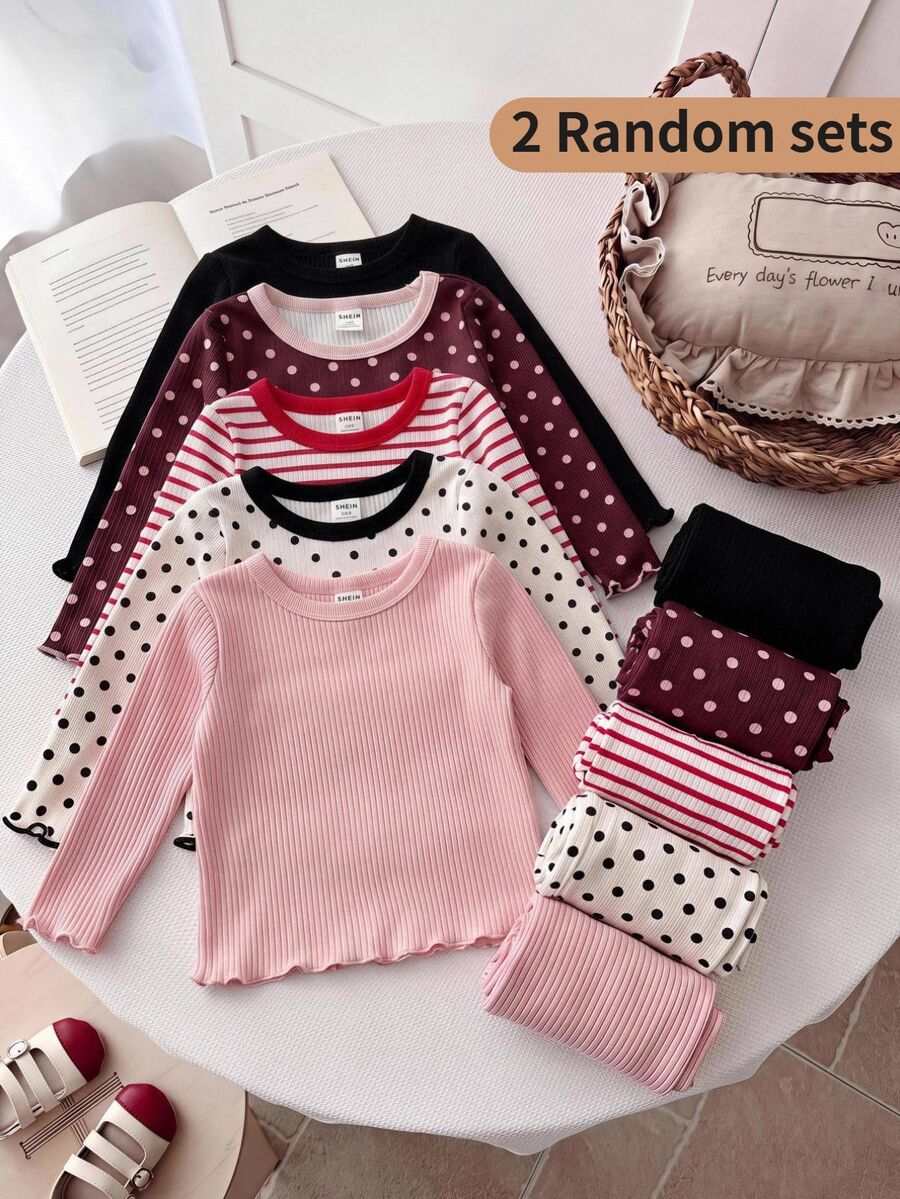 SHEIN LMoss Kids 女嬰針織圓領波點休閒T恤與長褲4件套 - 彩色 - 查看 1