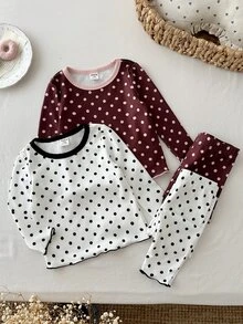 SHEIN LMoss Kids 女嬰針織圓領波點休閒T恤與長褲4件套 - 彩色 - 查看 5