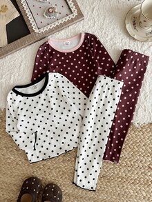 SHEIN LMoss Kids 女嬰針織圓領波點休閒T恤與長褲4件套 - 彩色 - 查看 3