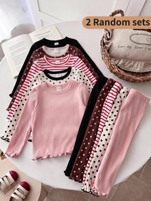 SHEIN LMoss Kids 女嬰針織圓領波點休閒T恤與長褲4件套 - 彩色 - 查看 6