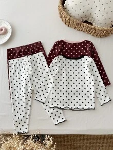 SHEIN LMoss Kids 女嬰針織圓領波點休閒T恤與長褲4件套 - 彩色 - 查看 2