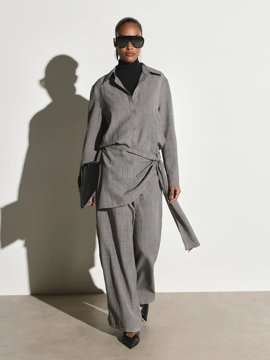 KSTM Linen Feel Oversized Button-Up Shirt And Wide Leg Trouser Co-Ord Set For Summer Office Wear - Grey - View 1